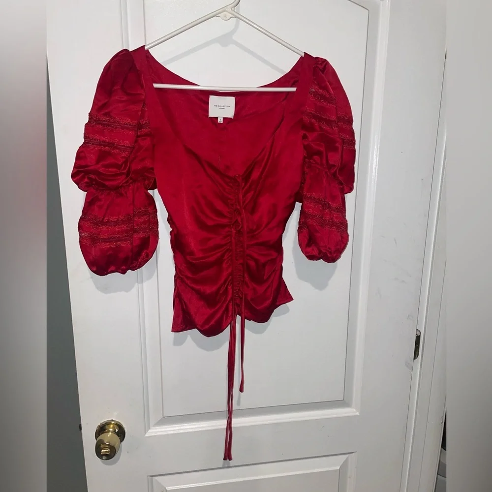 New! Reformation The Collection Winchester Puff Sleeve Blouse in Cherry Red 🍒 4